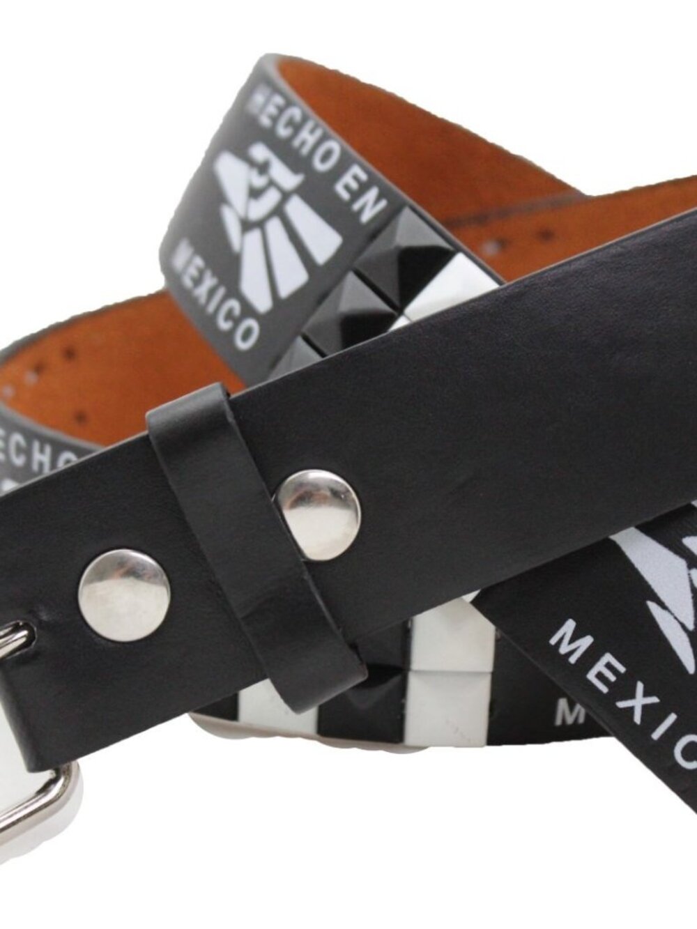 NEW Black Faux Leather Belt Hecho En Mexico Eagle Print Black White Studs Size S - Picture 2 of 16